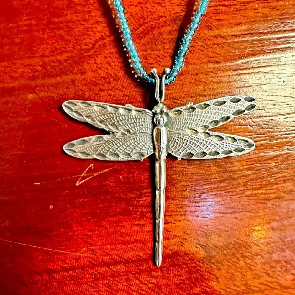 Sterling Silver Dragonfly Pendant Necklace Blue Beads Boho Beaded Casual Jewelry
